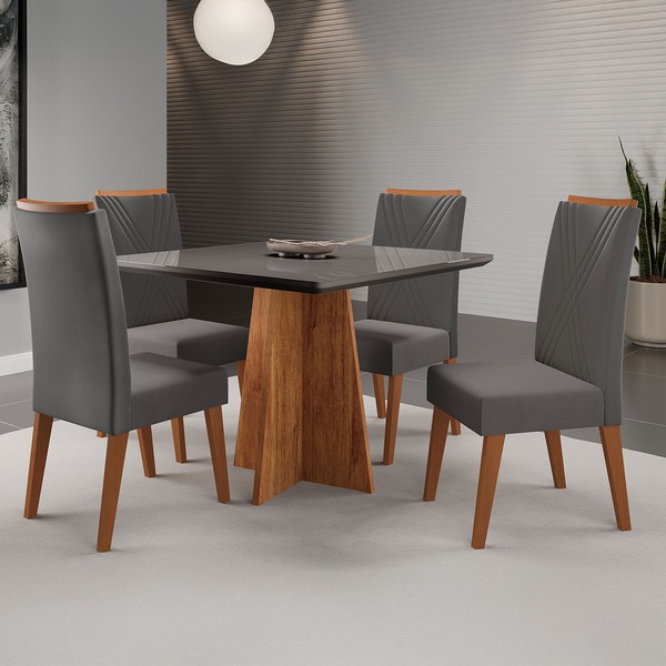 Mesa de Jantar 4 Lugares Venice com Vidro Mel/Cinza/Grafite - Viero Móveis