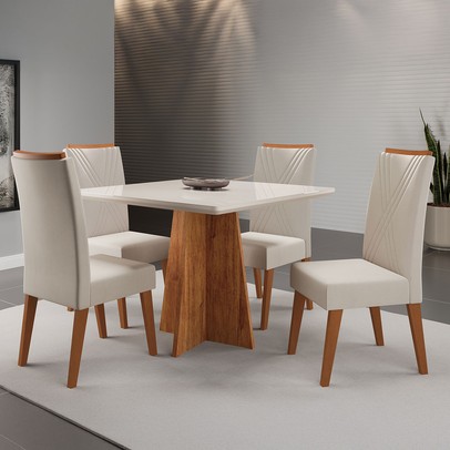 Mesa de Jantar 4 Lugares Venice com Vidro Mel/Bege/Off White - Viero Móveis