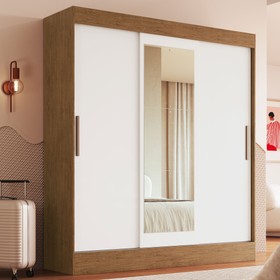 Guarda-Roupa Casal Londres 3 Portas 2 Gavetas com Espelho 100% Mdf Off White/Nogueira - Doripel Móveis