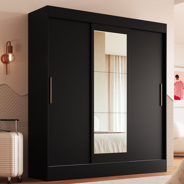 Guarda-Roupa Casal Londres 3 Portas 2 Gavetas com Espelho 100% Mdf Preto - Doripel Móveis