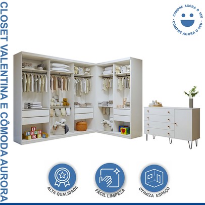 Quarto Infantil Conjunto Closet com Cômoda Valentina 1 Porta 4 Gavetas Branco Aurora - Minastex