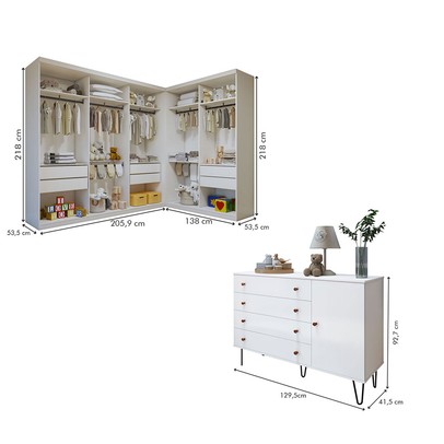 Quarto Infantil Conjunto Closet com Cômoda Valentina 1 Porta 4 Gavetas Branco Aurora - Minastex