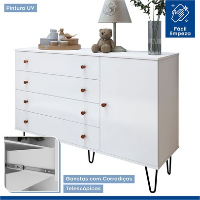Quarto Infantil Conjunto Closet com Cômoda Valentina 1 Porta 4 Gavetas Branco Aurora - Minastex