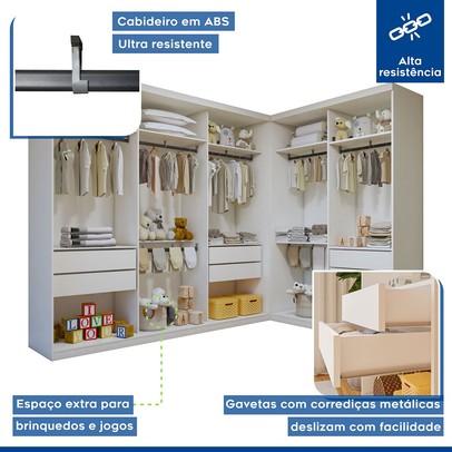 Quarto Infantil Conjunto Closet com Cômoda Valentina 1 Porta 4 Gavetas Branco Aurora - Minastex