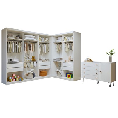 Quarto Infantil Conjunto Closet com Cômoda Valentina 1 Porta 4 Gavetas Branco Aurora - Minastex