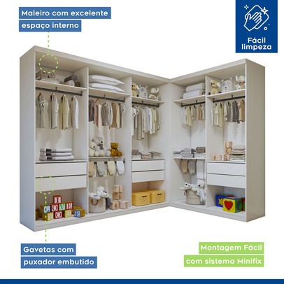 Quarto Infantil Conjunto Closet com Cômoda Valentina 1 Porta 4 Gavetas Branco Aurora - Minastex