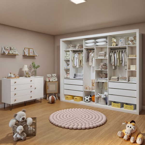 Quarto Infantil Completo Amara 1 Porta 10 Gavetas Branco Aurora - Minastex