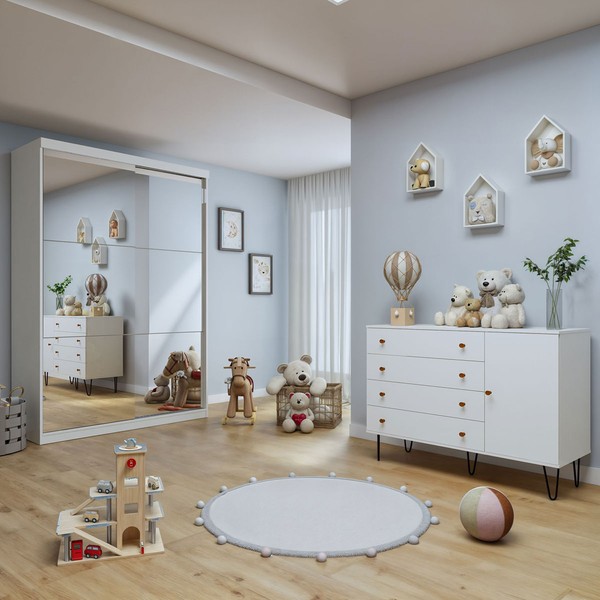 Quarto Infantil Completo Lumi 3 Portas 6 Gavetas com Espelho Branco Aurora - Minastex