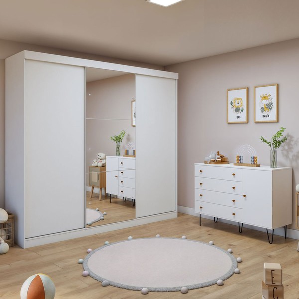 Quarto Infantil Completo Elô 8 Gavetas 3 Portas com Espelho Branco Aurora - Minastex