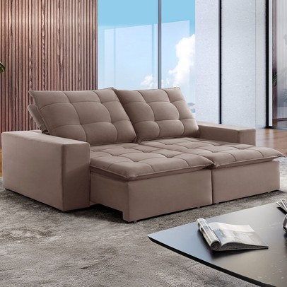 Sofá 4 Lugares Paris Retrátil e Reclinável Super Pilow Veludo/Bege Escuro - Celflex