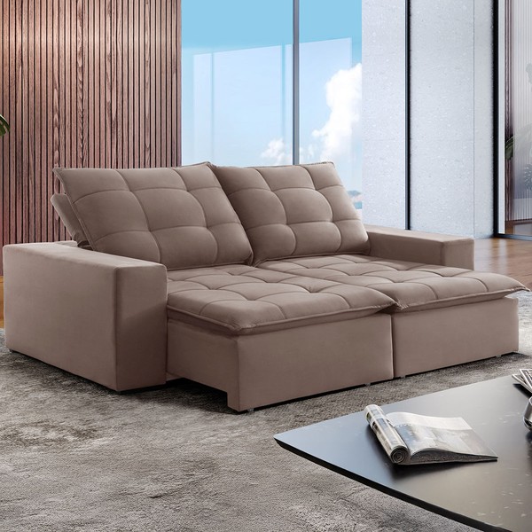 Sofá 4 Lugares Paris Retrátil e Reclinável Super Pilow Veludo/Bege Escuro - Celflex
