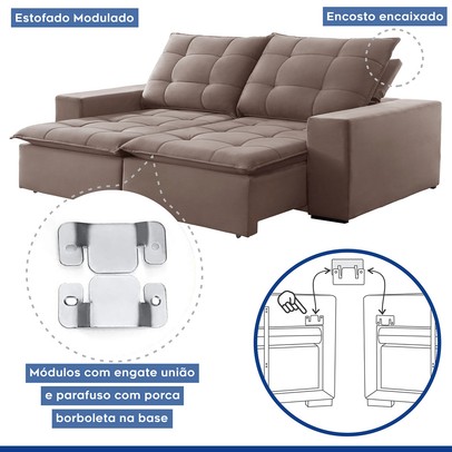 Sofá 4 Lugares Paris Retrátil e Reclinável Super Pilow Veludo/Bege Escuro - Celflex