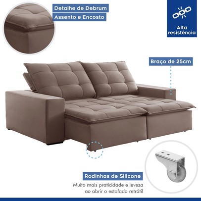 Sofá 4 Lugares Paris Retrátil e Reclinável Super Pilow Veludo/Bege Escuro - Celflex