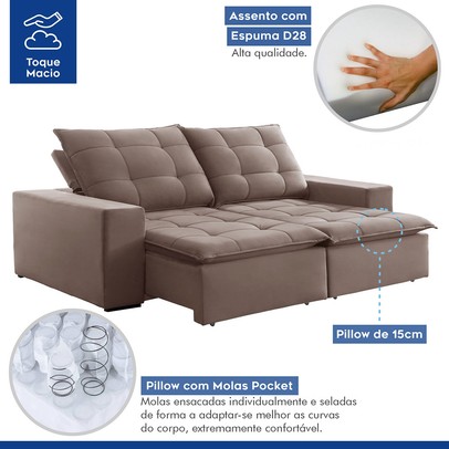 Sofá 4 Lugares Paris Retrátil e Reclinável Super Pilow Veludo/Bege Escuro - Celflex