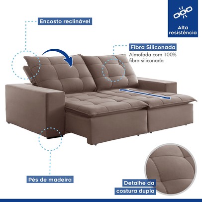 Sofá 4 Lugares Paris Retrátil e Reclinável Super Pilow Veludo/Bege Escuro - Celflex