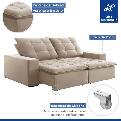 Sofá 4 Lugares Paris Retrátil e Reclinável Super Pilow Veludo/Bege Claro - Celflex