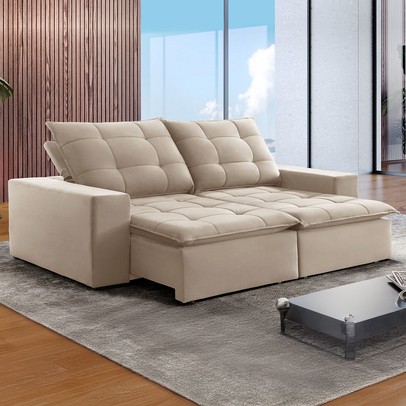 Sofá 4 Lugares Paris Retrátil e Reclinável Super Pilow Veludo/Bege Claro - Celflex