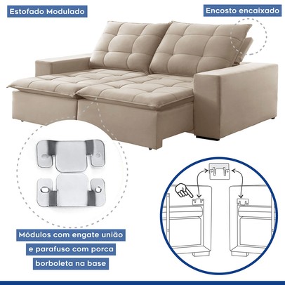 Sofá 4 Lugares Paris Retrátil e Reclinável Super Pilow Veludo/Bege Claro - Celflex