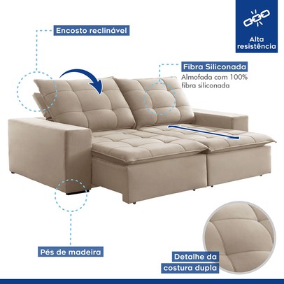 Sofá 4 Lugares Paris Retrátil e Reclinável Super Pilow Veludo/Bege Claro - Celflex
