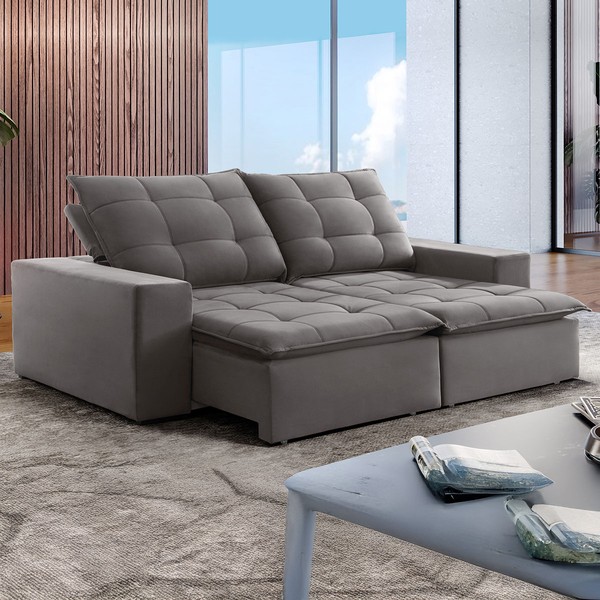 Sofá 4 Lugares Paris Retrátil e Reclinável Super Pilow Veludo/Cinza - Celflex