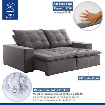 Sofá 4 Lugares Paris Retrátil e Reclinável Super Pilow Veludo/Cinza - Celflex