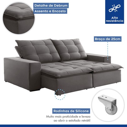 Sofá 4 Lugares Paris Retrátil e Reclinável Super Pilow Veludo/Cinza - Celflex