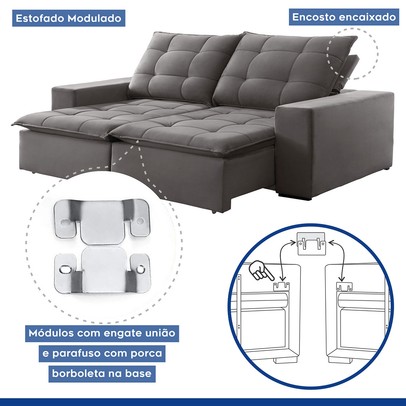 Sofá 4 Lugares Paris Retrátil e Reclinável Super Pilow Veludo/Cinza - Celflex