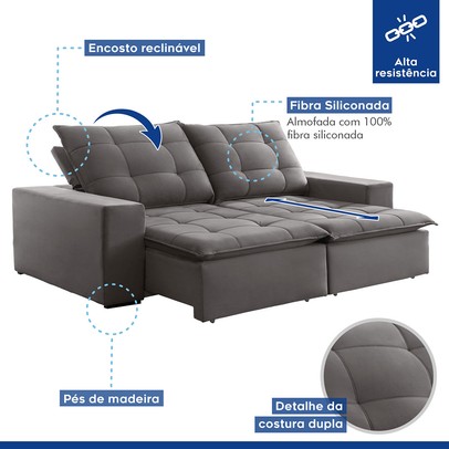 Sofá 4 Lugares Paris Retrátil e Reclinável Super Pilow Veludo/Cinza - Celflex