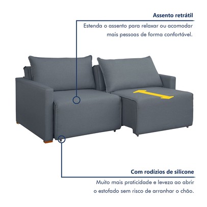 Sofá Cama 2 Lugares Júlia Retrátil e Reclinável Veludo/Cinza - Celflex