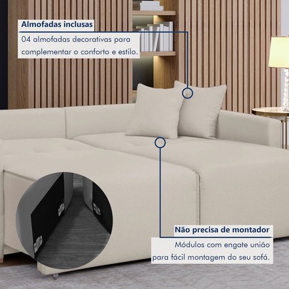 Sofá Cama 3 Lugares Júlia Retrátil e Reclinável Veludo/Bege Claro - Celflex