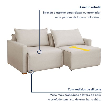 Sofá Cama 3 Lugares Júlia Retrátil e Reclinável Veludo/Bege Claro - Celflex