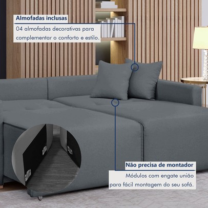 Sofá Cama 3 Lugares Júlia Retrátil e Reclinável Veludo/Cinza - Celflex