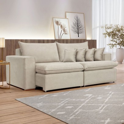 Sofá 2 Lugares Barcelona Retrátil Veludo/Bege Claro - Celflex Colchoes