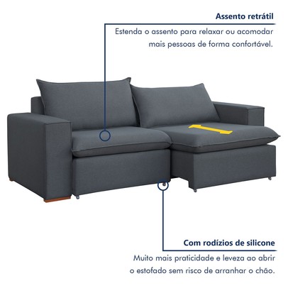 Sofá 2 Lugares Barcelona Retrátil Veludo/Cinza - Celflex Colchoes