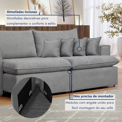 Sofá 2 Lugares Barcelona Retrátil Linho/Cinza - Celflex Colchoes