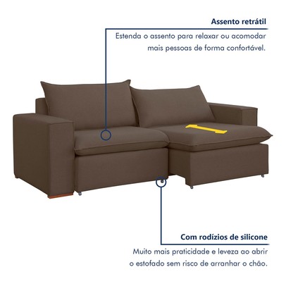 Sofá 3 Lugares Barcelona Retrátil Veludo/Marrom - Celflex