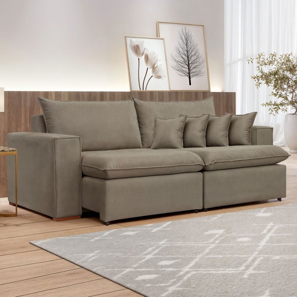 Sofá 3 Lugares Barcelona Retrátil Veludo/Bege Escuro - Celflex