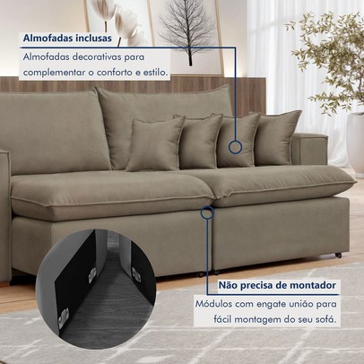 Sofá 3 Lugares Barcelona Retrátil Veludo/Bege Escuro - Celflex