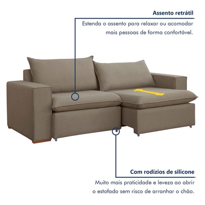 Sofá 3 Lugares Barcelona Retrátil Veludo/Bege Escuro - Celflex