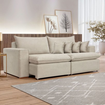 Sofá 3 Lugares Barcelona Retrátil Veludo/Bege Claro - Celflex