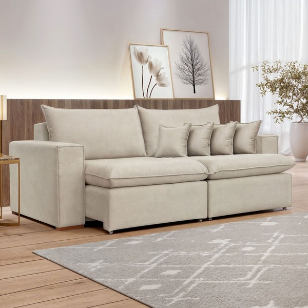 Sofá 3 Lugares Barcelona Retrátil Veludo/Bege Claro - Celflex