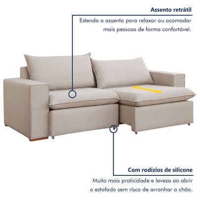 Sofá 3 Lugares Barcelona Retrátil Veludo/Bege Claro - Celflex