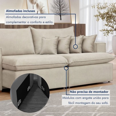 Sofá 3 Lugares Barcelona Retrátil Veludo/Bege Claro - Celflex