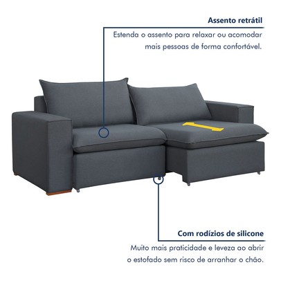 Sofá 3 Lugares Barcelona Retrátil Veludo/Cinza - Celflex