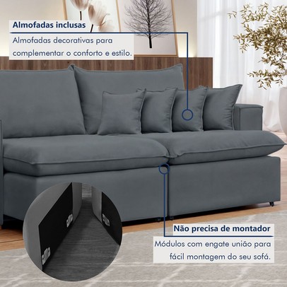 Sofá 3 Lugares Barcelona Retrátil Veludo/Cinza - Celflex