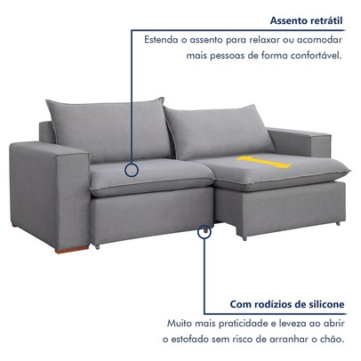 Sofá 3 Lugares Barcelona Retrátil Linho/Cinza - Celflex