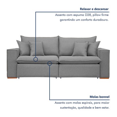 Sofá 3 Lugares Barcelona Retrátil Linho/Cinza - Celflex