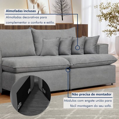 Sofá 3 Lugares Barcelona Retrátil Linho/Cinza - Celflex