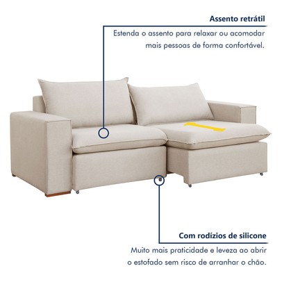 Sofá 3 Lugares Barcelona Retrátil Linho/Cru - Celflex