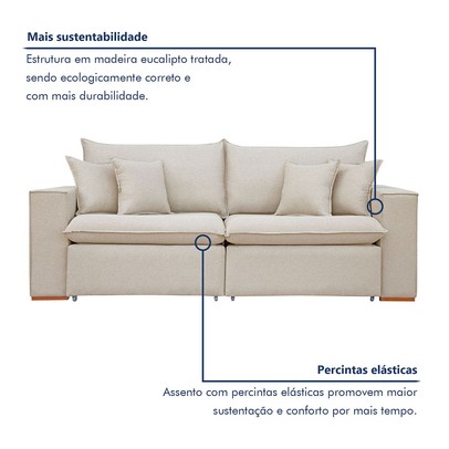 Sofá 3 Lugares Barcelona Retrátil Linho/Cru - Celflex